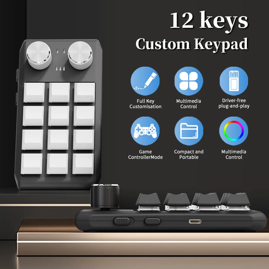 

12 Keys 2 Knob Custom 3 Mode Mini Keyboard RGB Lighting Macro Mechanical Keyboard Hot Swappable Mini Keyboard for Game Photoshop