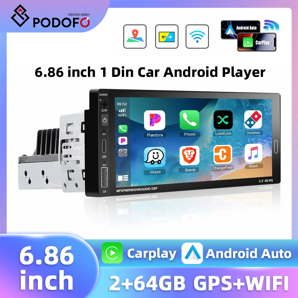 Podofo 6.86'' Multimedia Player 1Din Android Car Radio Carplay Android Auto GPS Navigation WIFI Bluetooth 2+64G USB Car Stereo