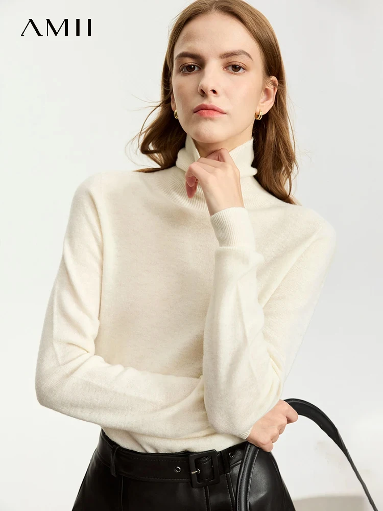 AMII Minimalist Pile Turtleneck Sweater for Women 2023 Winter New Loose Warm Simple Top Long-sleeve Solid Pullovers 12314010