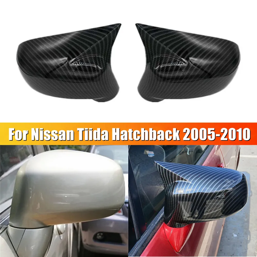 For Nissan Tiida Hatchback 2004-2010 Car Rearview Side Mirror Cover Wing Cap Sticker Exterior Door Trim ABS Carbon Look/ Black