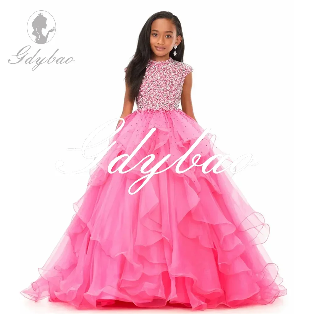 

Crystals Sequined Luxury Pleat Princess Flower Girl Dress Sleeveless Floor Length Long Ball First Communion Dress Customized New