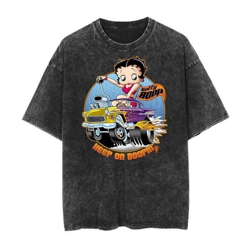 

Summer Y2k Men Oversized T-shirt Blockbuster Betty Boop Cartoon Vintag Men's and Women's Old Printed Washed Short Sleeve T-Shirt