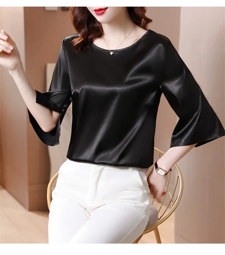 2026 Spring and Autumn New All-match O-neck Three-quarter Flared Sleeve Acetate Satin Blouse tops Basic Simple Ice Silk Shirts