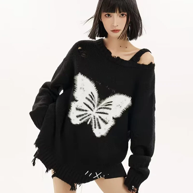 Pull Déchiré Papillon à Manches sulfpour Femme, Épaules Dénudées, à la Mode