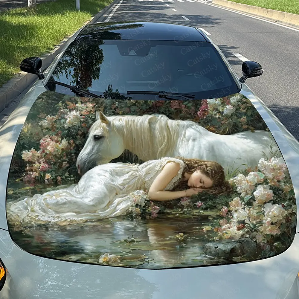 White Horse And Sleeping Princess Car Hood Sticker, Splash Proof PVC, Easy To Disassemble, Waterproof And Scratch Resistant, Sel