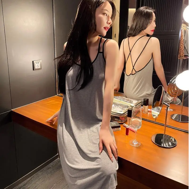 Camisole Nightgowns Women Sexy Backless Thin Sleeveless Ruffles A-line Mini Solid Loose Simple Summer Hot Girls Soft Cozy Chic