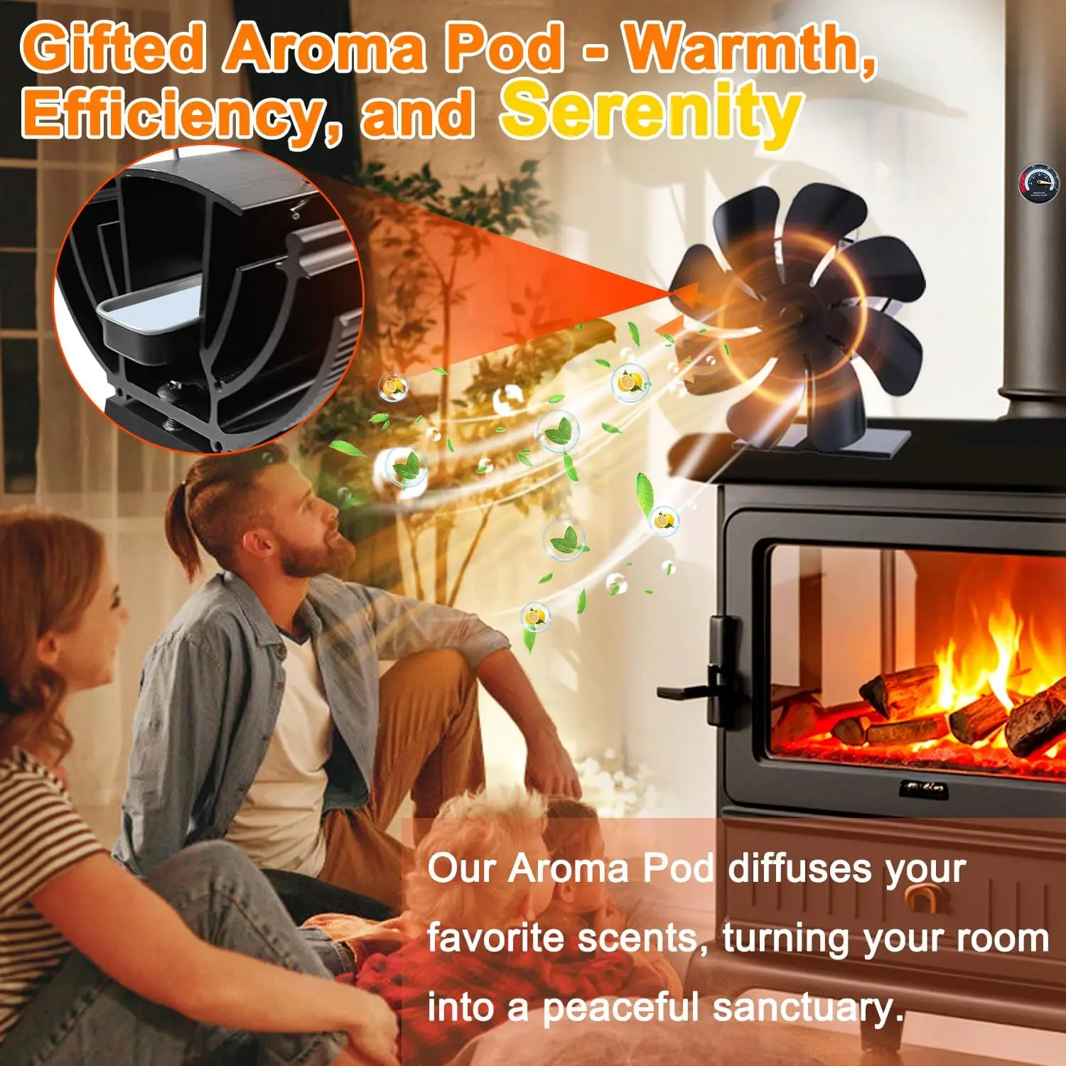 Heat-Powered Wood Stove Fan, 8-Blade Fireplace Fan with Thermometer & Aroma Pod