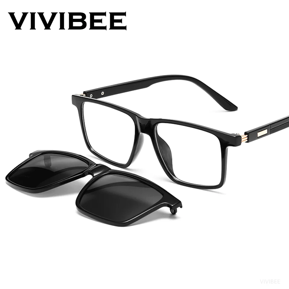 VIVIBEE Men Black Magnetic Clip on Sunglasses Polarized Classic Computer Blue Light Blocking Glasses UV400 Women Driving Clips