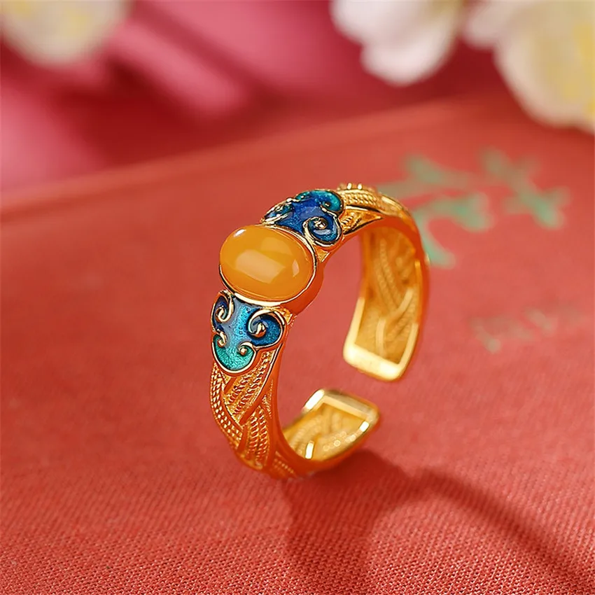 Ancient gold craftsmanship natural yellow chalcedony lotus enamel porcelain rings for women palace style luxury dinner jewelry