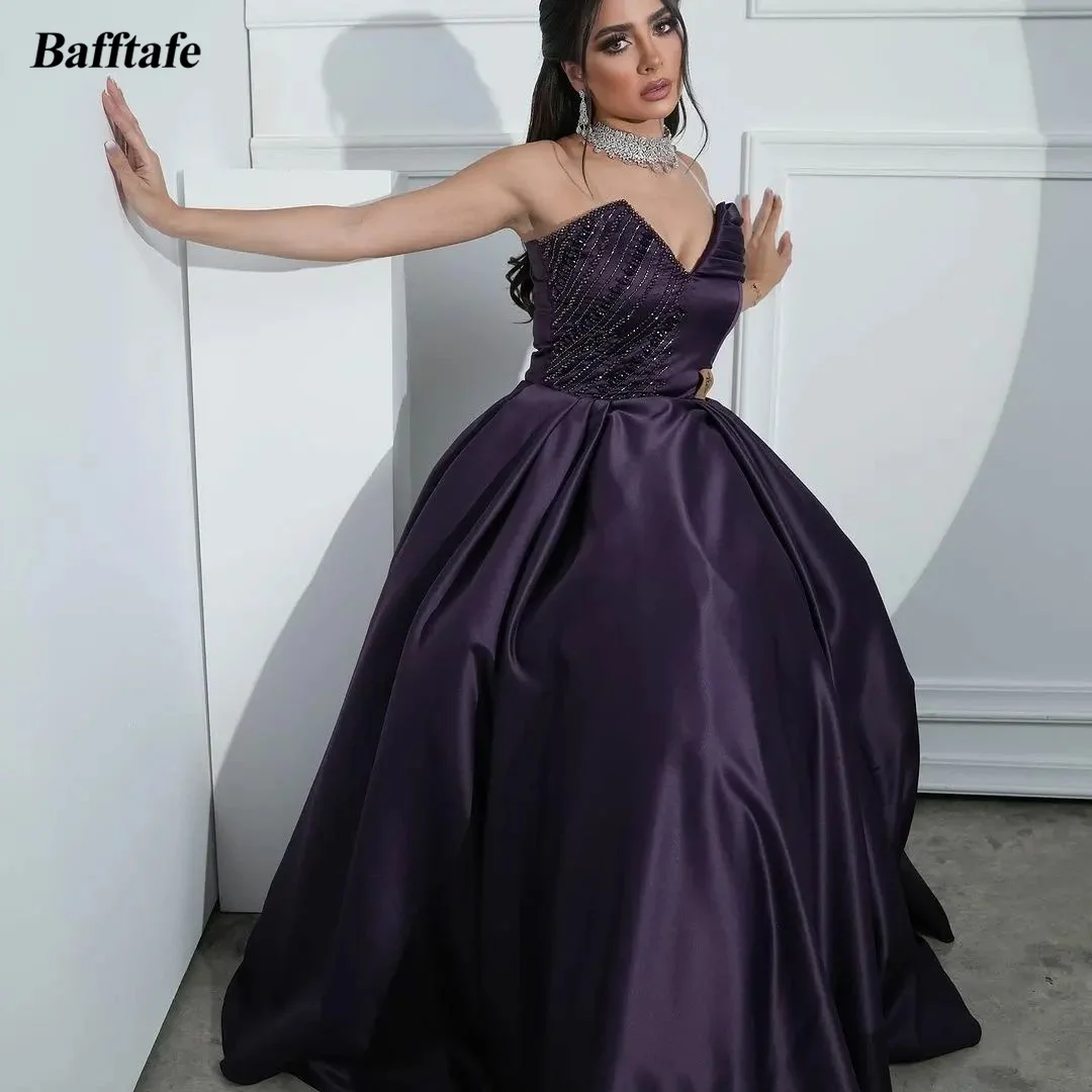 Bafftafe A Line Purple Satin Arabic Women Prom Dresses Formal Party Gowns Dubai Beaded One Off The Shoulder Long Evening Dress