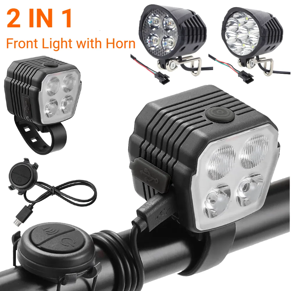 Bicycle Headlight Horn 2-In-1 LED Bike Front Light with Horn 1/2/4/9 Lamp Beaded Wire Control Horn Mountain Bike Accessory