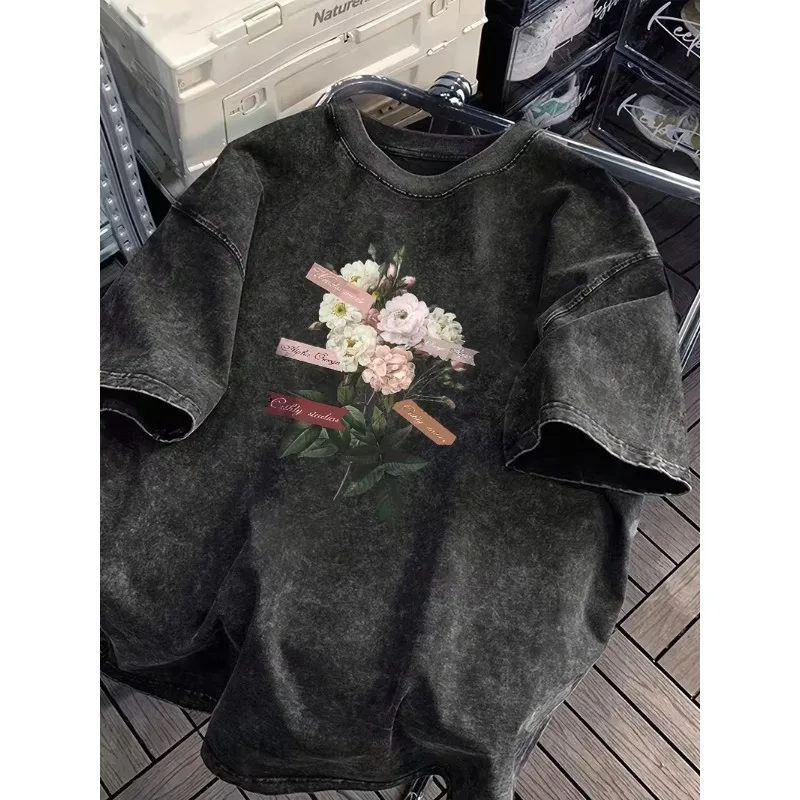 Vintage Watercolor Flower Bouquet Label Print Oversize T-Shirt Boho Floral Botanical Short Sleeve Crew Neck Tee for Daily