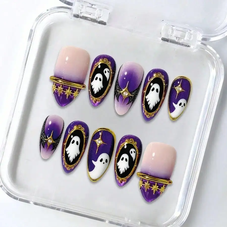 Hard And Durable Nails, ENCHANTED BOO - Halloween Handmade Press-On Nails | Reusable, Salon-Quality, Long-Lasting, Glossy Design-Short Almond 22mm,Halloween Nails, Christmas Nails, Thanksgiving Nails, Fall Nails, Handmade Nails, Common In 899 Areas