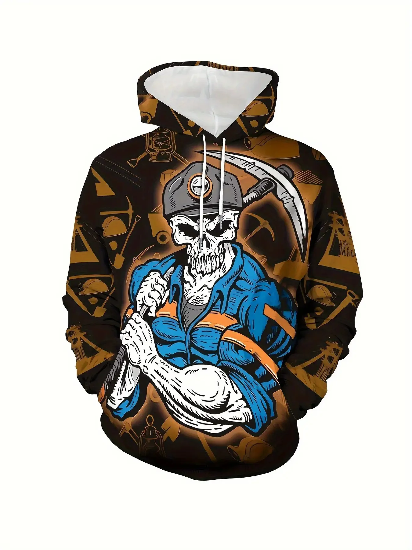 Men Vintage Skull Miner 3D Print Hoodie Retro Mining Tool Graphic Long Sleeve Oversized Casual Hooded Pullover Sweatshirt