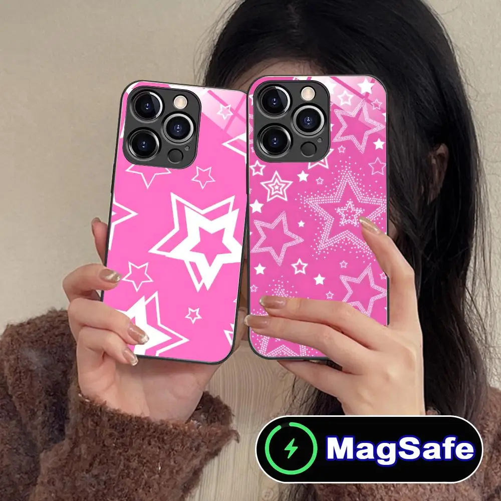 

Чехол для телефона с пастельно-розовой звездой-пентаграммой для iPhone 17 16 15 14 13 12 11 Air Pro Max Plus Mini, стеклянный, цветной, с поддержкой MagSafe