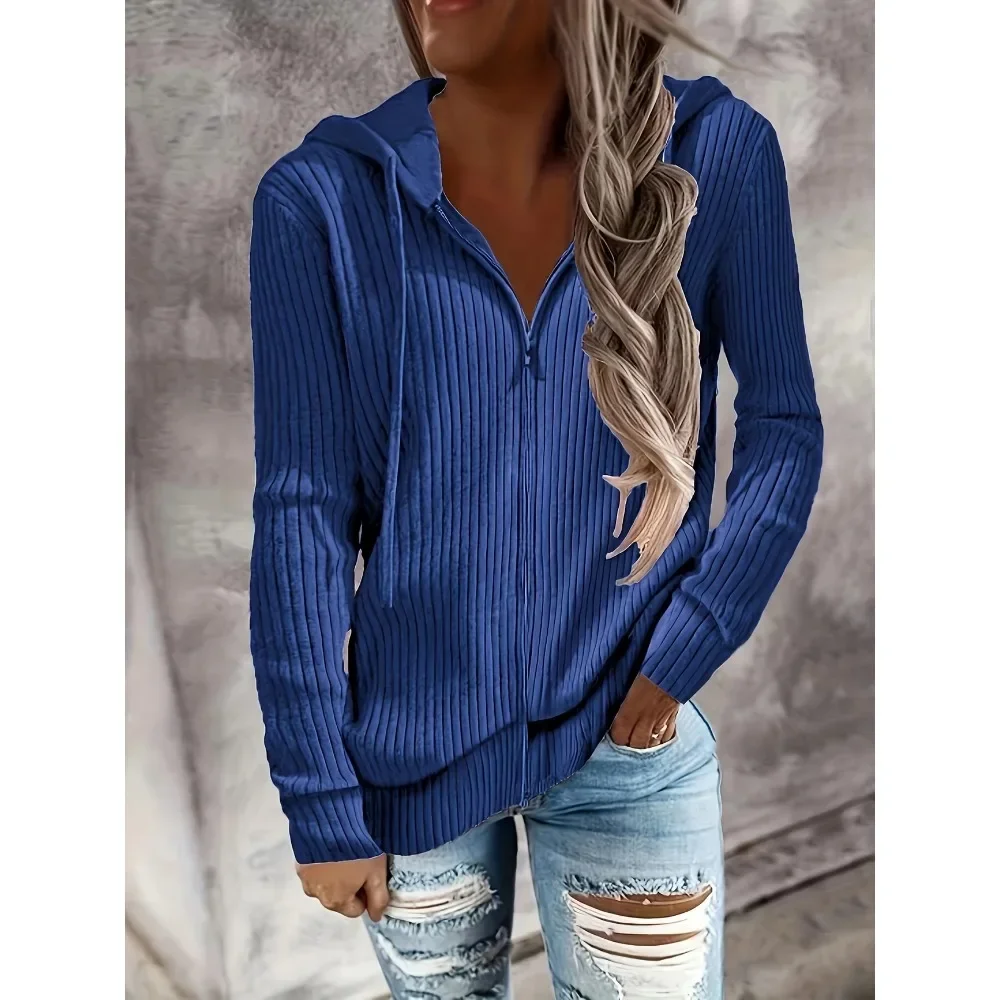 

Plus Size 1XL-5XL Women's Fashionable Autumn-Winter New Striped Casual Hooded Sweater with Zipper Long Sleeve Loose Pullover