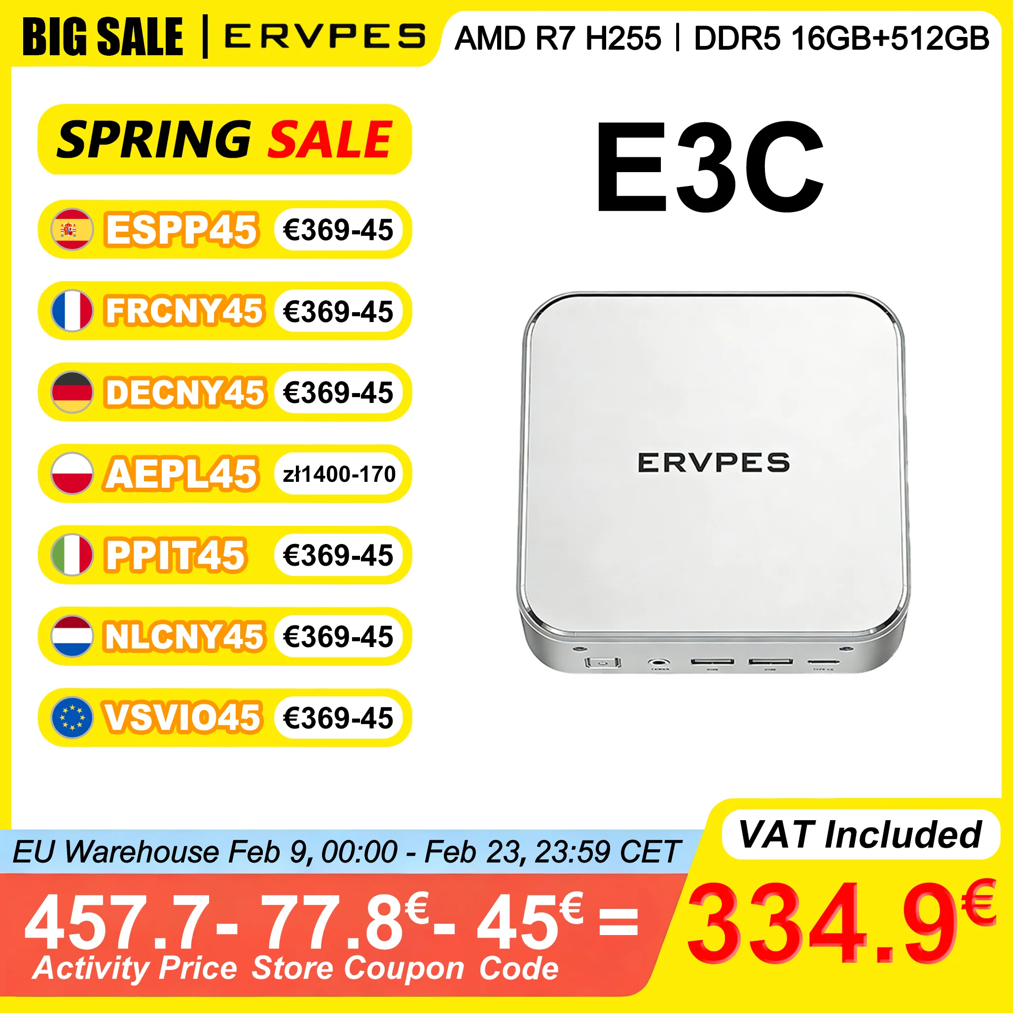 ERVPES E3C Mini PC 16GB DDR5 5600MHz RAM 512GB ROM AMD Ryzen7 H255 Windows 11 AMD Radeon 780M WiFi6 Bluetooth 5.2 4K@60Hz
