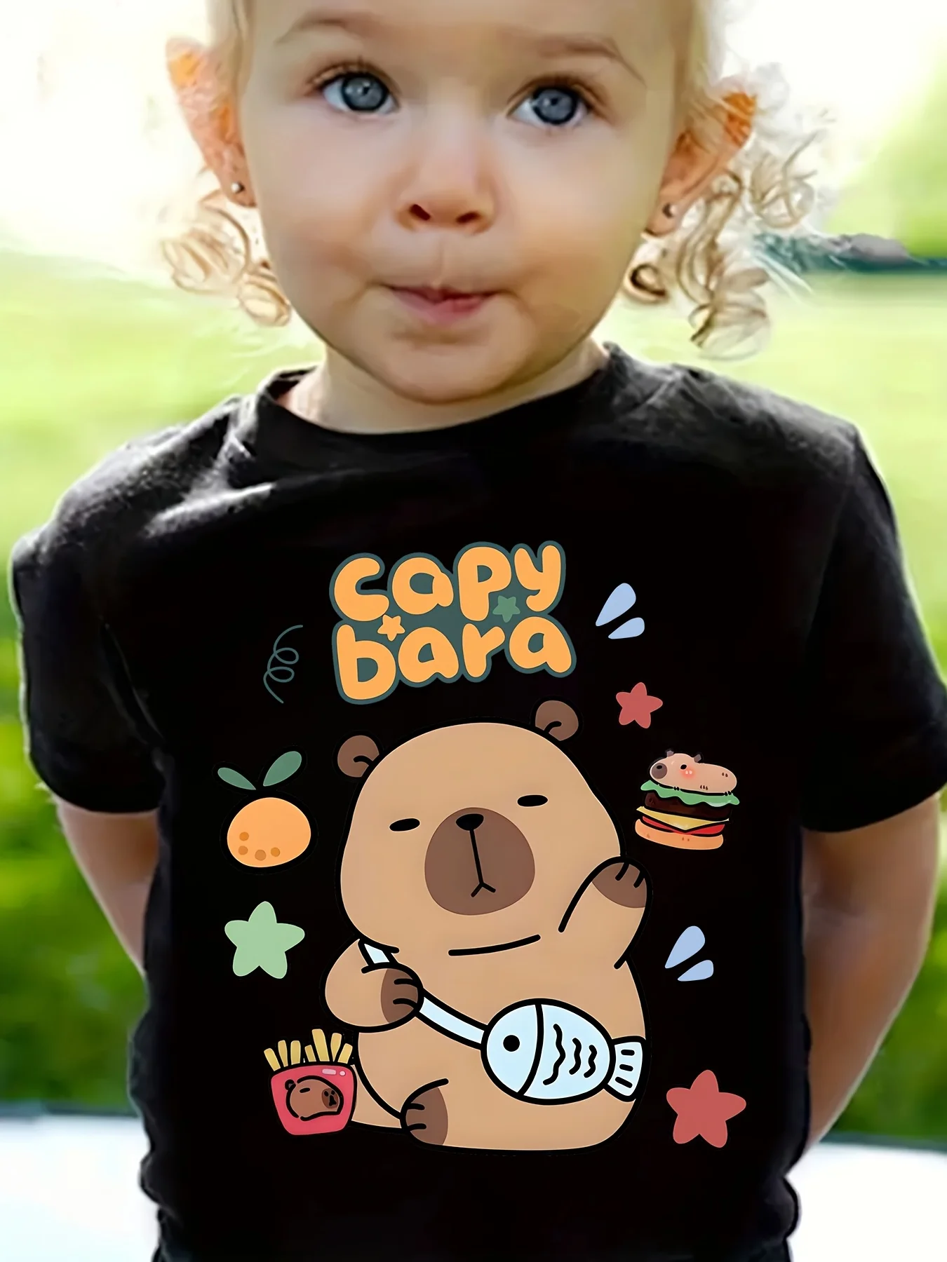 Boys Girls Family Matching Tee Lovely Snack Theme Capybara Cartoon Print Short Sleeve Soft Cotton Kids Daily Outdoor Outfit