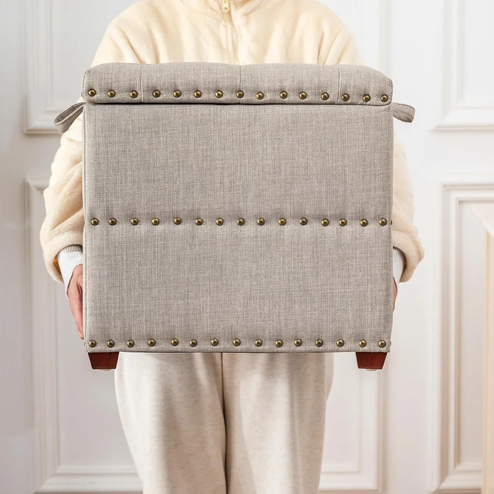 مساحة تخزين عثمانية عالية المكعب مقاس 18 بوصة، مقاعد قدم للكرسي من الكتان باللون البيج مع صينية، مقعد منجد بأرجل من الخشب الصلب #2