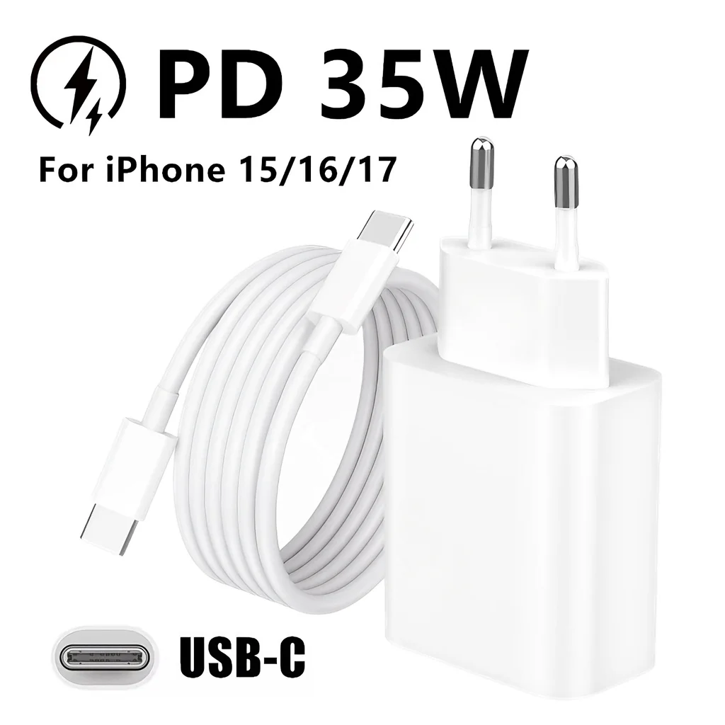 35W USB C Fast PD Charger For iPhone 15 16 17 Pro Max Air 15 16 Plus Samsung S25 Xiaomi 17 Type C to Type C Rapid Charging Cable