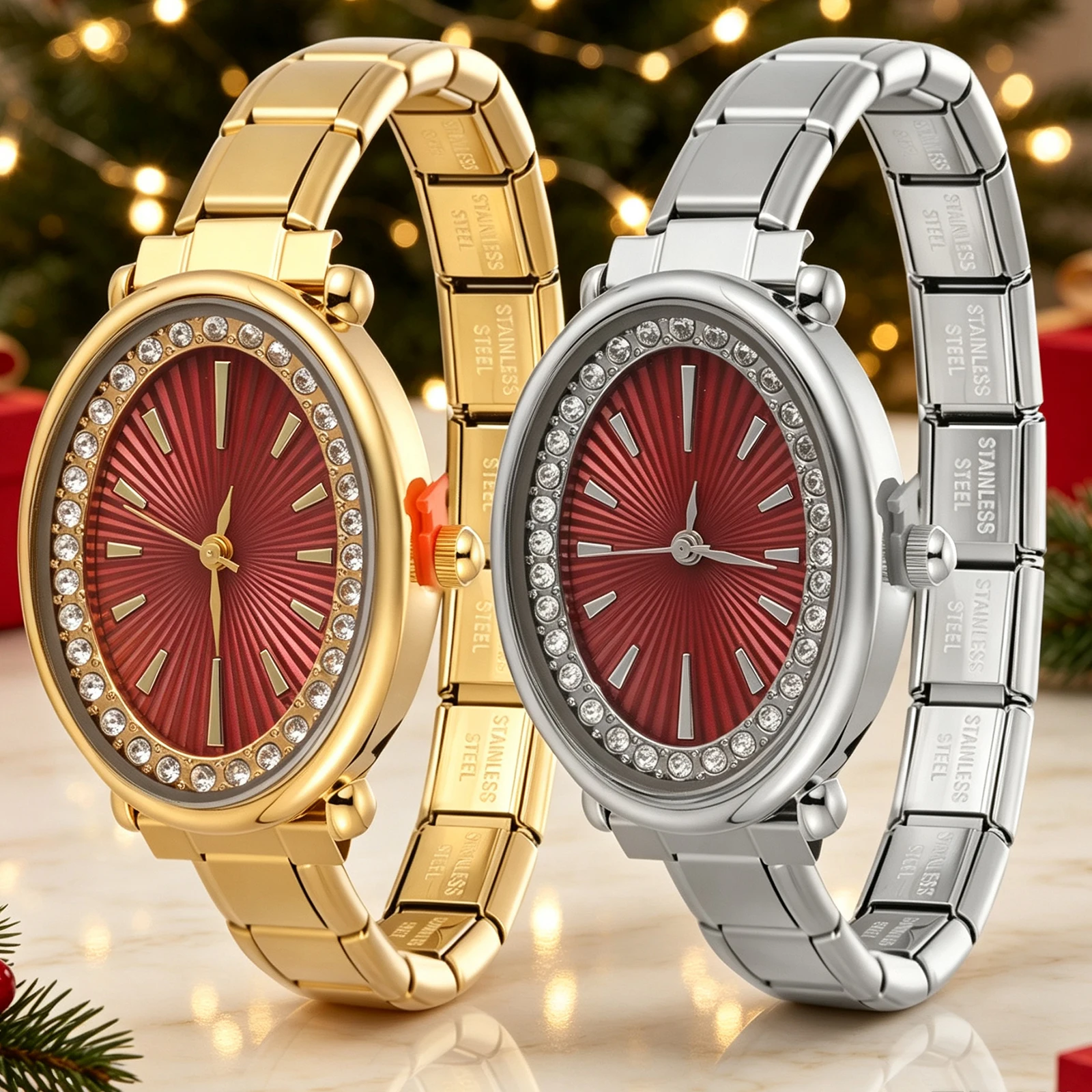 Fashion Women Men's Watch Elastic Bracelets High Quality Stainless Steel Red Green Oval Watch Head Bracelets For Christmas Gifts