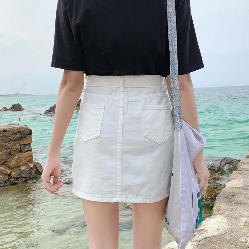 Gonna di jeans a vita alta Gonne a trapezio svasate bianche estive da donna Gonne di jeans di cotone alla moda Gonne aderenti