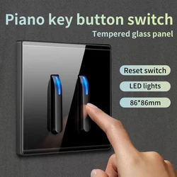 Lámpara de pared de vidrio templado, interruptor Internacional, luz indicadora Led de reinicio automático, teclas de Piano, Panel de lámpara de pared, 1-4gang, 1/2 vías, color negro