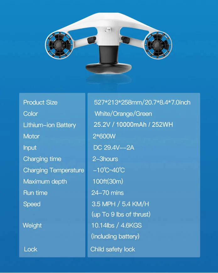 Camolech Skuter Air Motor Ganda 40M Tahan Air dengan Dudukan Kamera untuk Scuba Diving Snorkeling