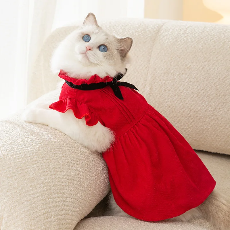 Cat Autumn and Winter Princess Style Retro Dress Dog Celebration Christmas Dress Pet New Year Clothes