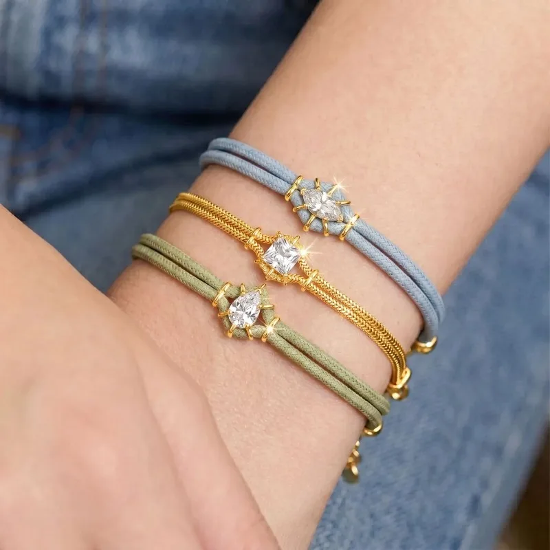 Colorful Braided Cord Jewelry Gold Prong Set Zircon Pendant Necklace And Bracelet Double-Strand Braided Rope Summer Y2k Gift