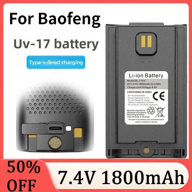 for Baofeng UV-17 Li-ion Battery Upgraded Thicken Support Type-C Charging for Walkie Talkie BF-UV17 UV17Plus Pro Max 1800mAh