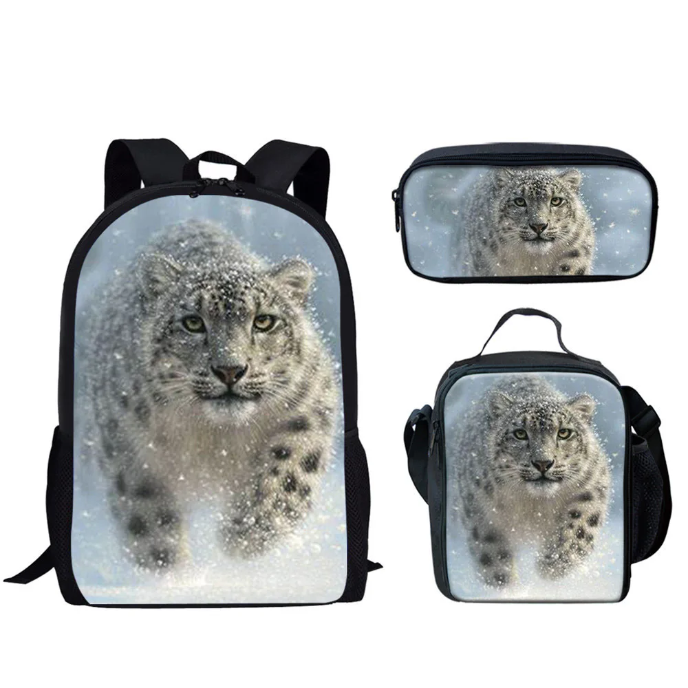 Cute Snow Leopard Print 3Pcs School Bag for Boys Girls Backpack Kids Book Bag Lunch Bag Pencil Bag Student Daily Casual Backpack