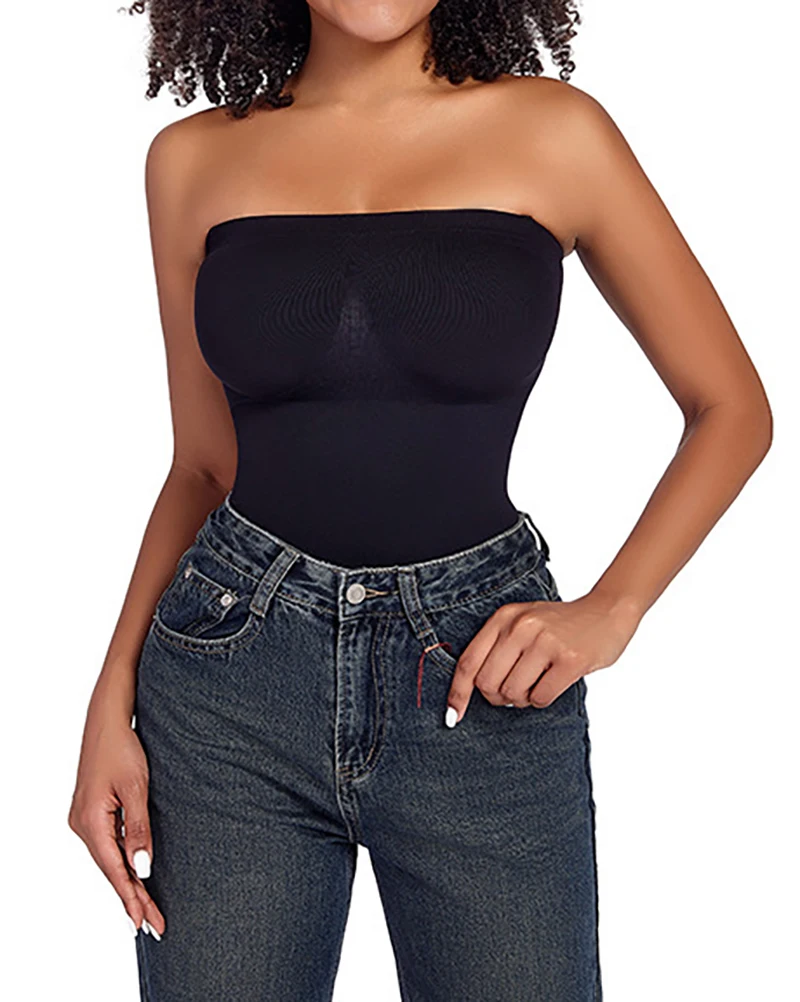 Women's Bandeau detachable shoulder strap jumpsuit shapewear, round neck control pants underwear, hip lifting shapewear