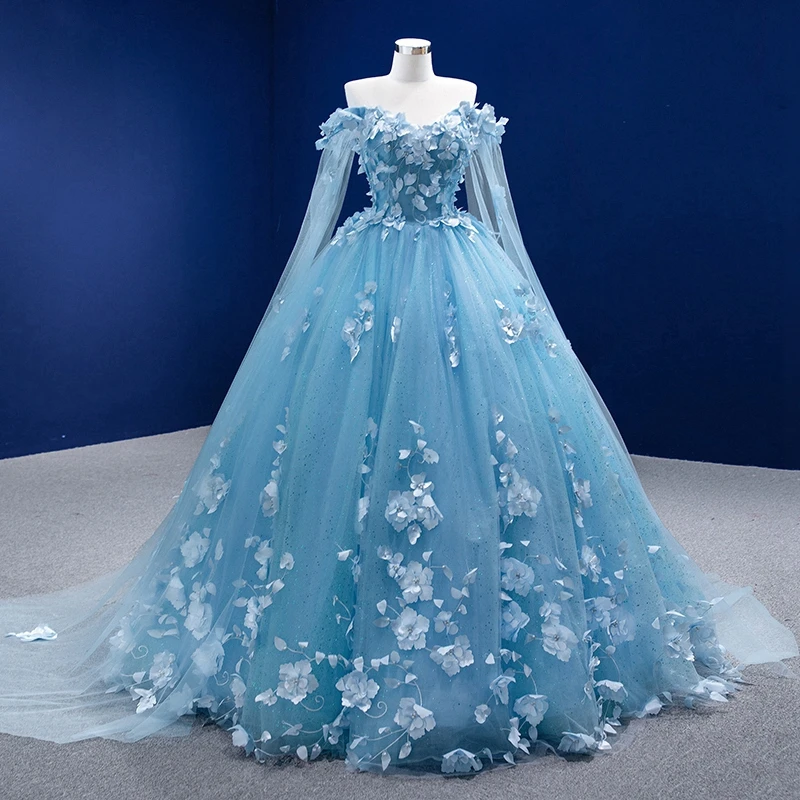 Sky Blue Homecoming of Age Ceremony Dress Florals Appliques Ball Gowns Party Dresses Off Shoulders Tulle Princess Dressing Gowns