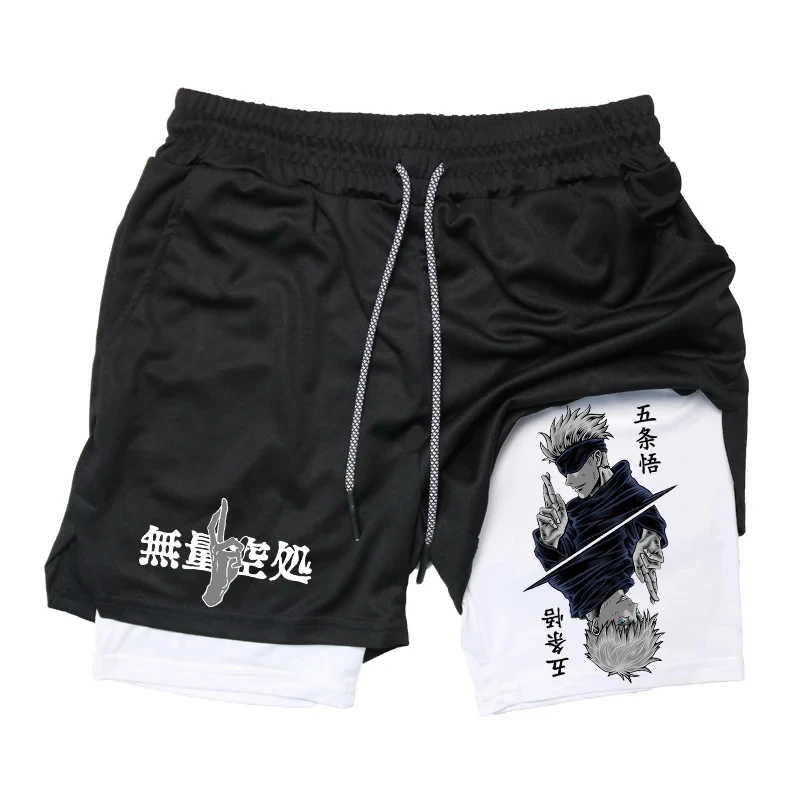 Anime Jujutsu Kaisen 2 in 1 Compression Shorts for Men Athletic Quick Dry Performance Shorts with Pockets Gym Workout Fitness