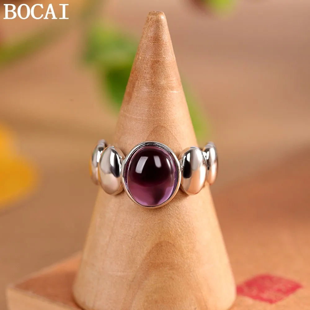 

BOCAI NMEW S925 Sterling Silver Simple Yet Luxurious Inlaid With Egg Shaped Amethyst Open Ring Women's Gift