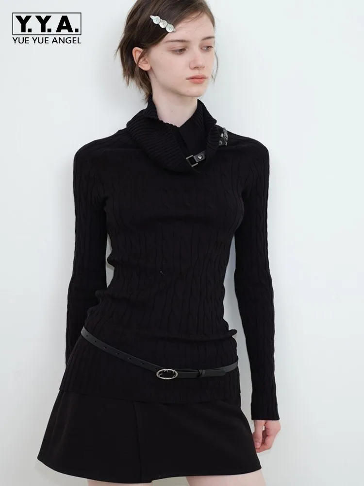 Designer Half High Collar Slim Fit Women Sweater Knitted Pullover Top Elegant Ladies Knitwear Coat Long Sleeve Casual Jumpers