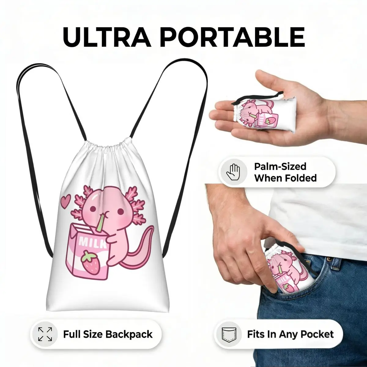 Cute Axolotl Loves Strawberry Milk Doodle Drawstring Backpack Sports Gym Bag Lightweight Storage Drawstring Bag for Men Women