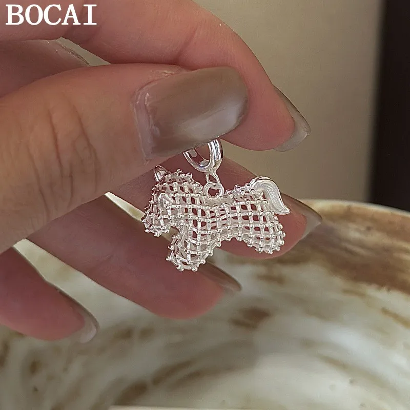 

BOCAI NEW S925 Silver Vintage Hollowed Out Pony Pendant Women's Gift