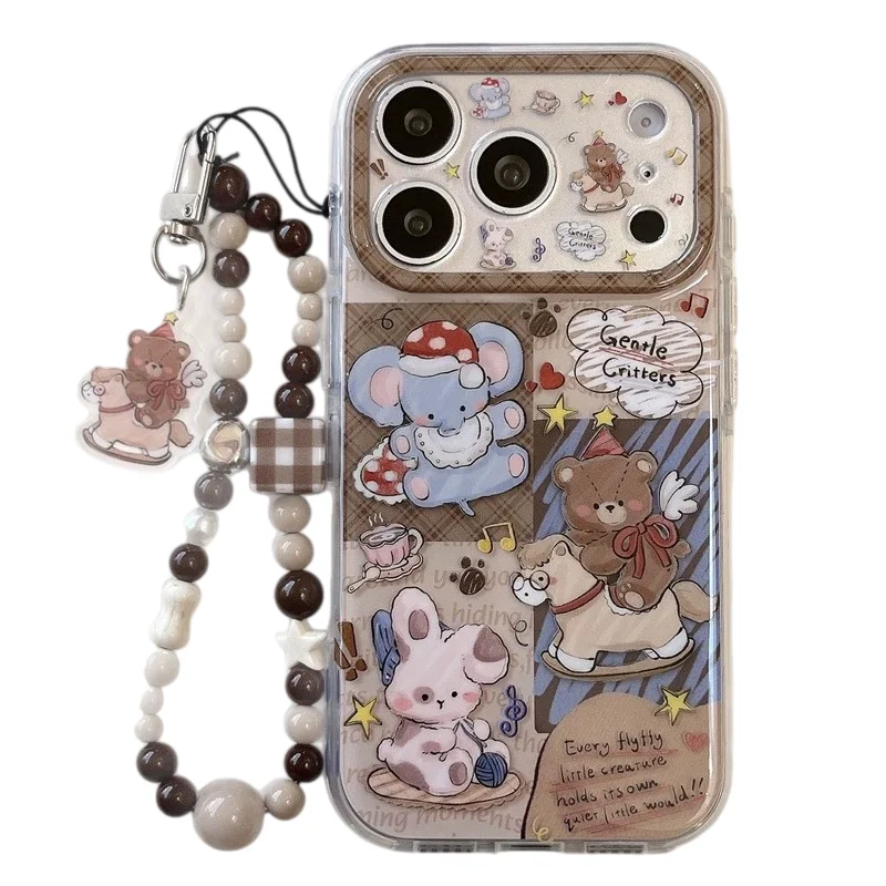 Cute Cartoon Animals Sticker Collage Phone Case For iPhone 18 17 16 15 Pro Max Dual Layer Cover with Pendant Lanyard