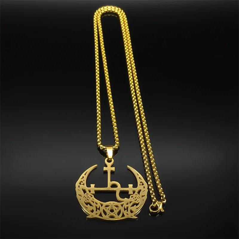 Wicca Triple Moon Crescent Pentagram Pedant Necklace For Women Men Stainless Steel Gold Color Satan Lilith Demon Seal Jewelry
