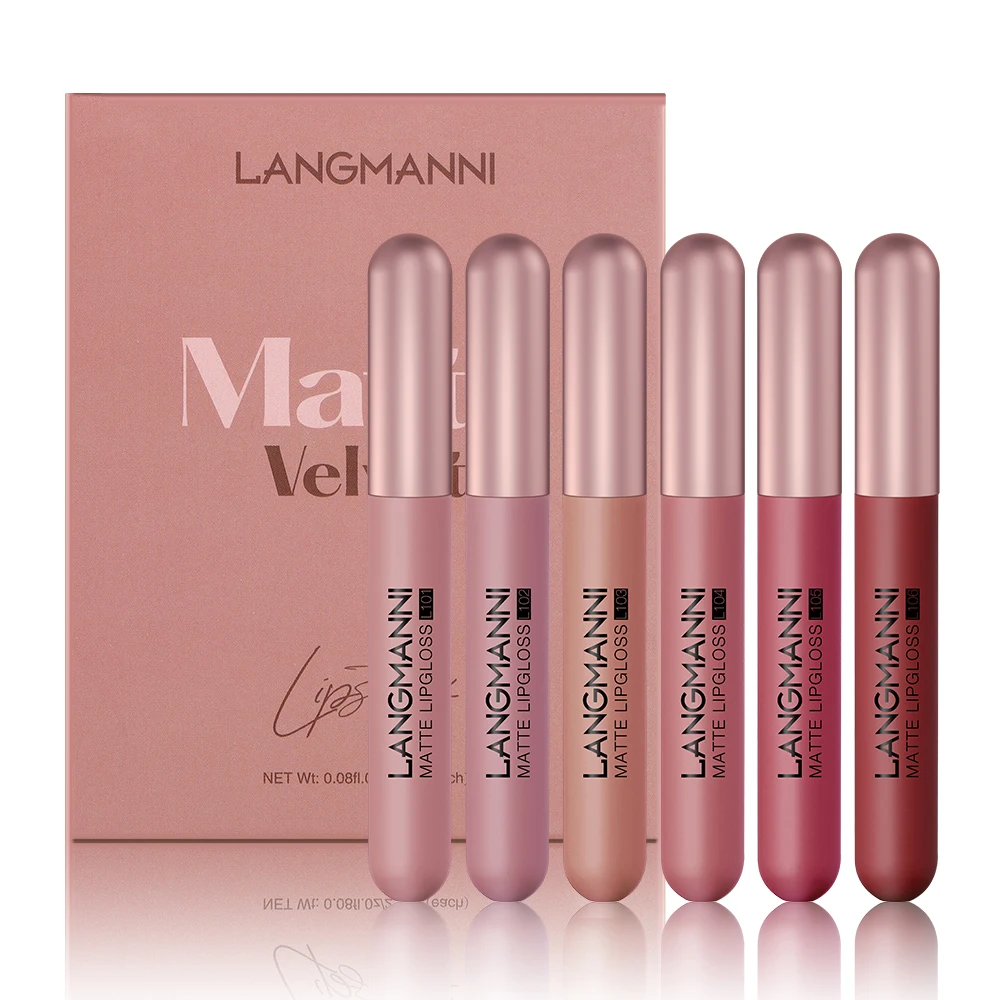 Langmani 6-pack/set matte lip gloss velvet lipstick, long-lasting and non stick to cup liquid lipstick