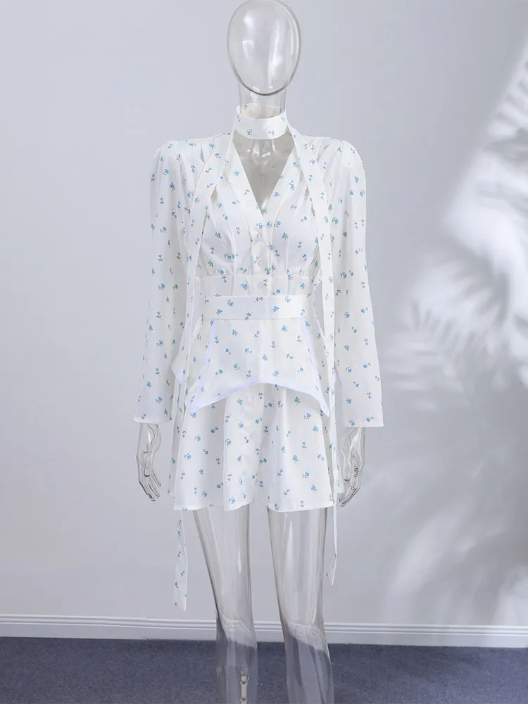 Bedrucktes Minikleid mit tiefem V-Ausschnitt, langen Ärmeln und Taillenband – Sexy Damenkleid mit Puffärmeln und Schleifen – Schicke Damenroben – Detail 1