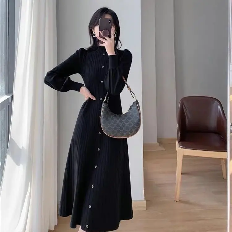 Outono inverno feminino elegante meia gola alta camisola vestido vintage camada interna comprimento médio malha vestidos de manga longa