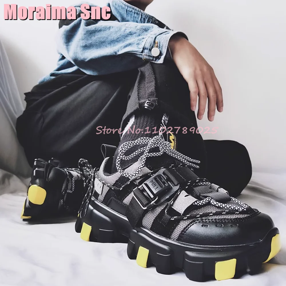 Mixed Colors Thick Sole Lace Up Sneakers Buckle Round Toe Dad Shoes Sports Increasing Height Fashion Spring Autumn 2023 Newest