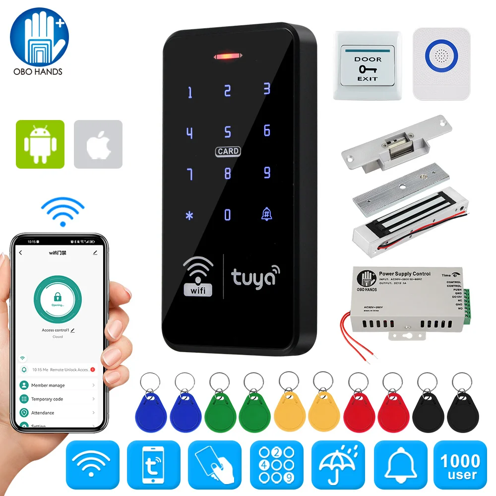 Wifi Door Access Control System Kit Tuya Smart RFID Keypad Controller IP68 + Power Supply, Electric Magnetic Lock, APP Unlock