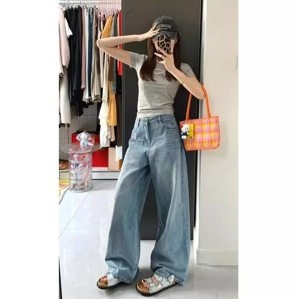 

Джинсы женские с высокой талией, широкими штанинами, прямого кроя, светло-голубые, осенние, повседневные, в стиле High Street