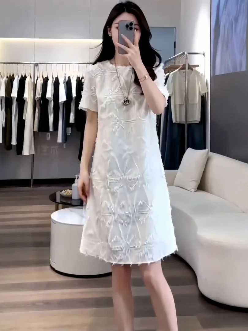 

plus Size Summer Tassel Dr Women's ort Sve A-Line Skirt Slimming Design Sense Princ Dr French Sle Loose Fit