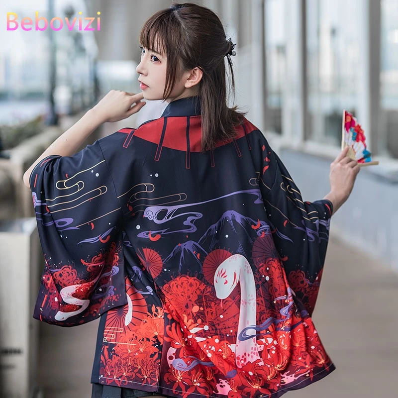 

Newest Summer Red Snake Printing Loose Japanese Kimono Cardigan Women Men Harajuku Haori Kimono Cosplay Blouse Top Yukata