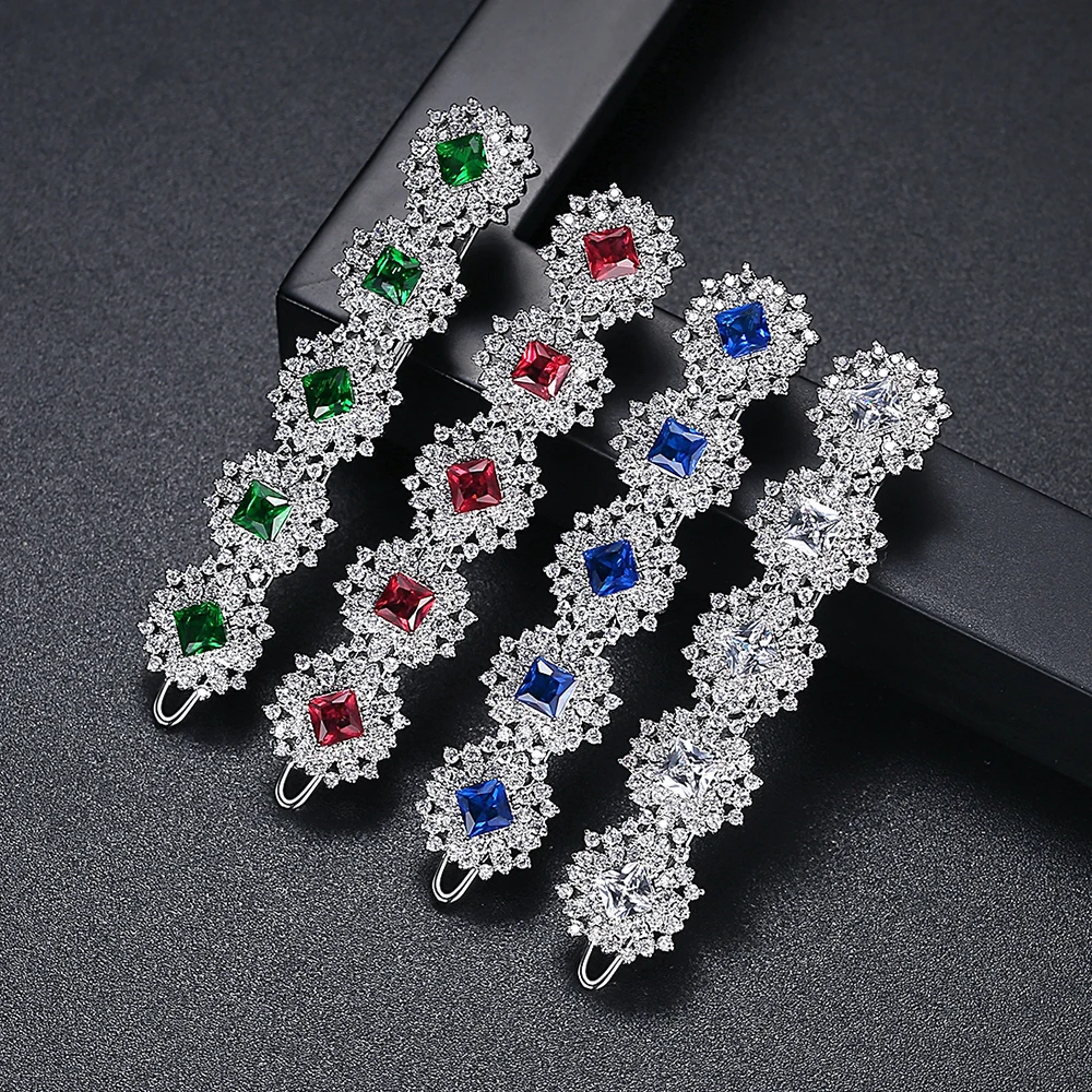 LUOTEEMI Blue Red Green Simulated Gemstones Wedding Hair Accessories for Women Cubic Zirconia Hair Clip Bridal Luxury Barrettes